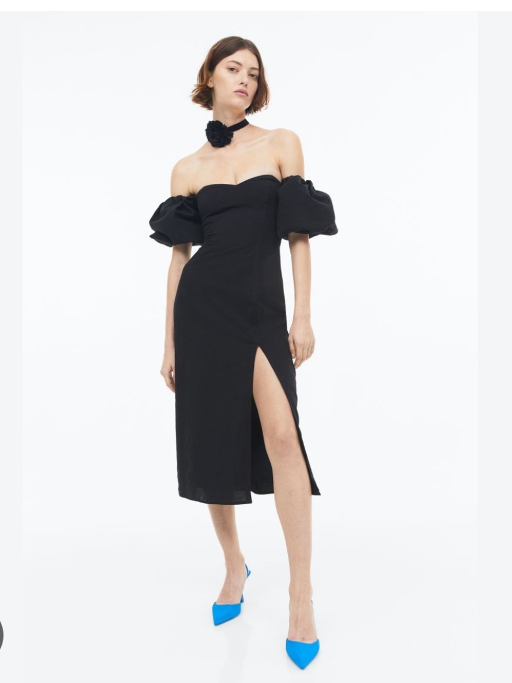 H&M Black One-Shoulder Puff Sleeve Midi Dress with Side Slit